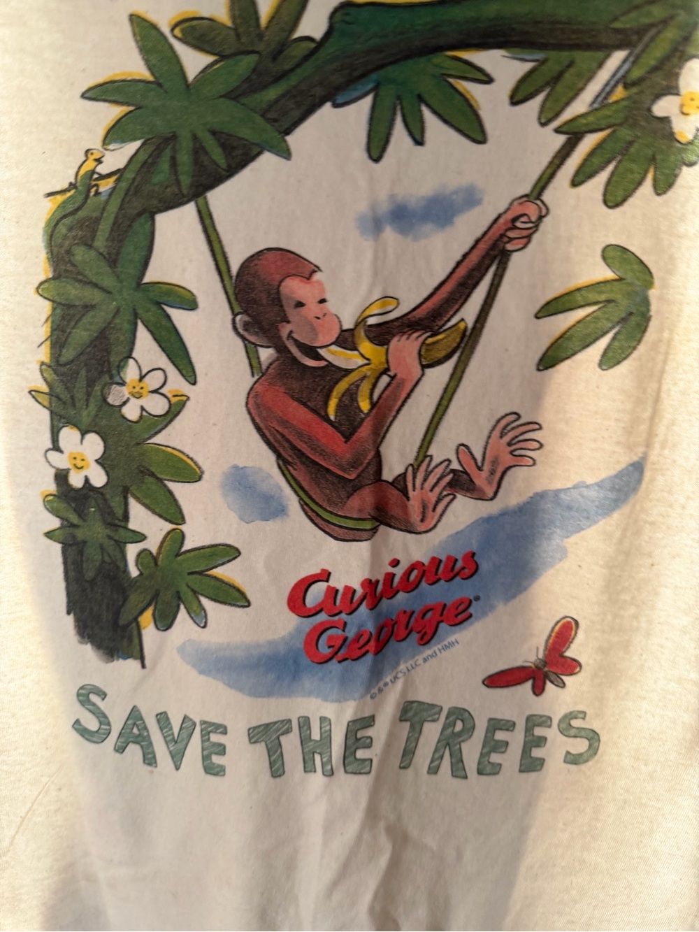 Curious George "Save The Trees" Graphic Tee mediumWhite with Green & Red Artwork